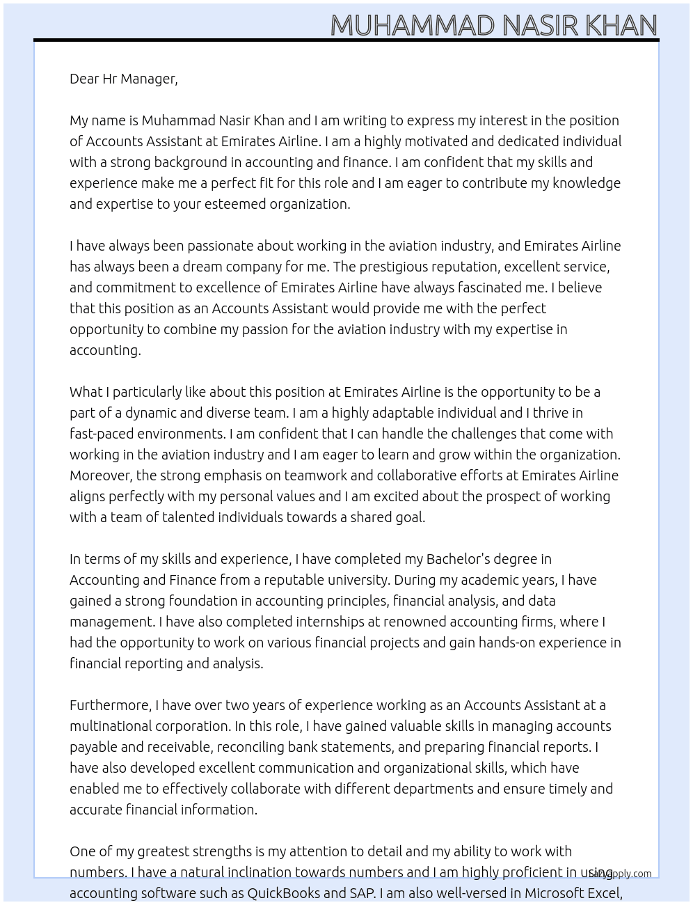 Accounts Assistant At Emirates Airline Cover Letter