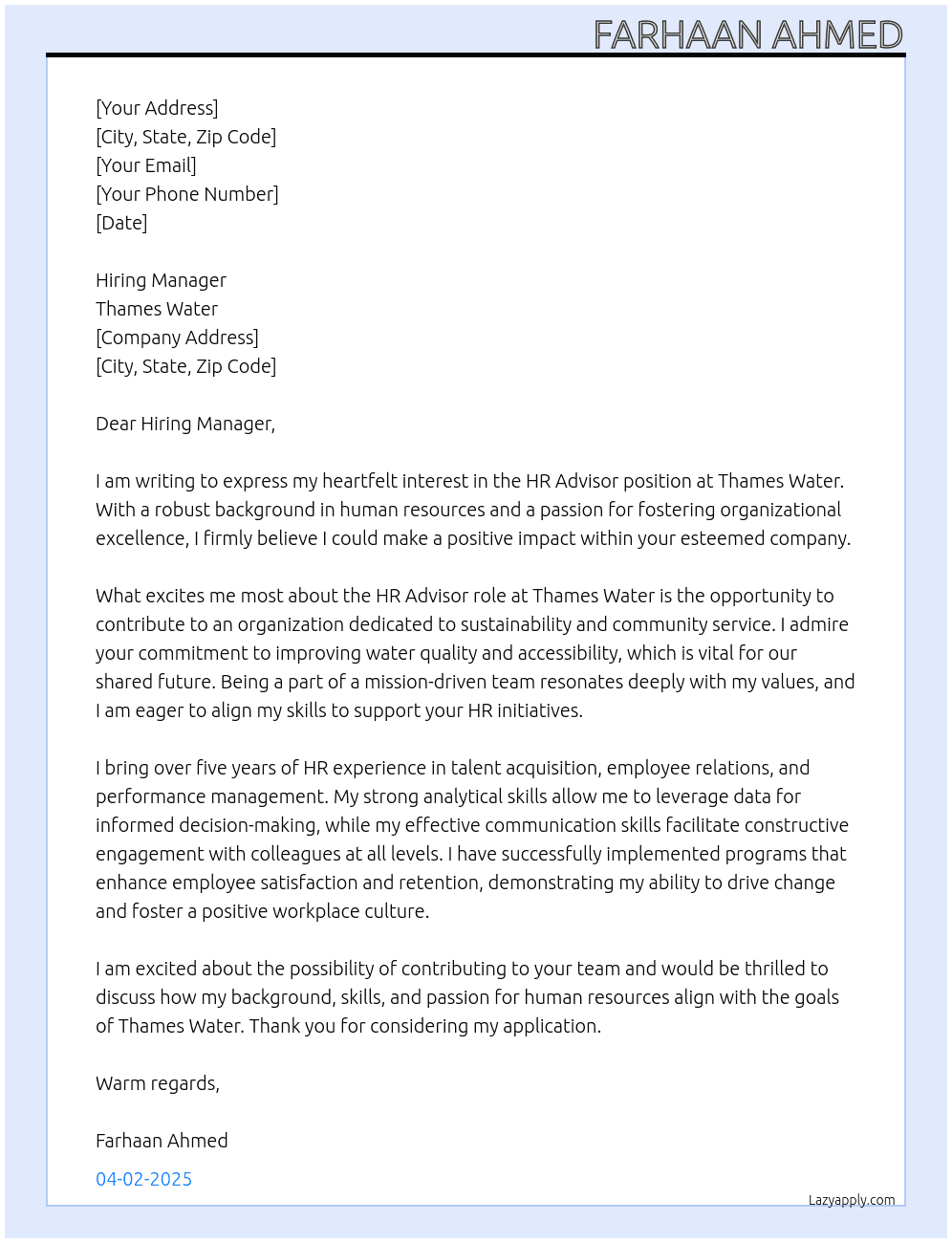 HR Advisor At Thames Water Cover Letter