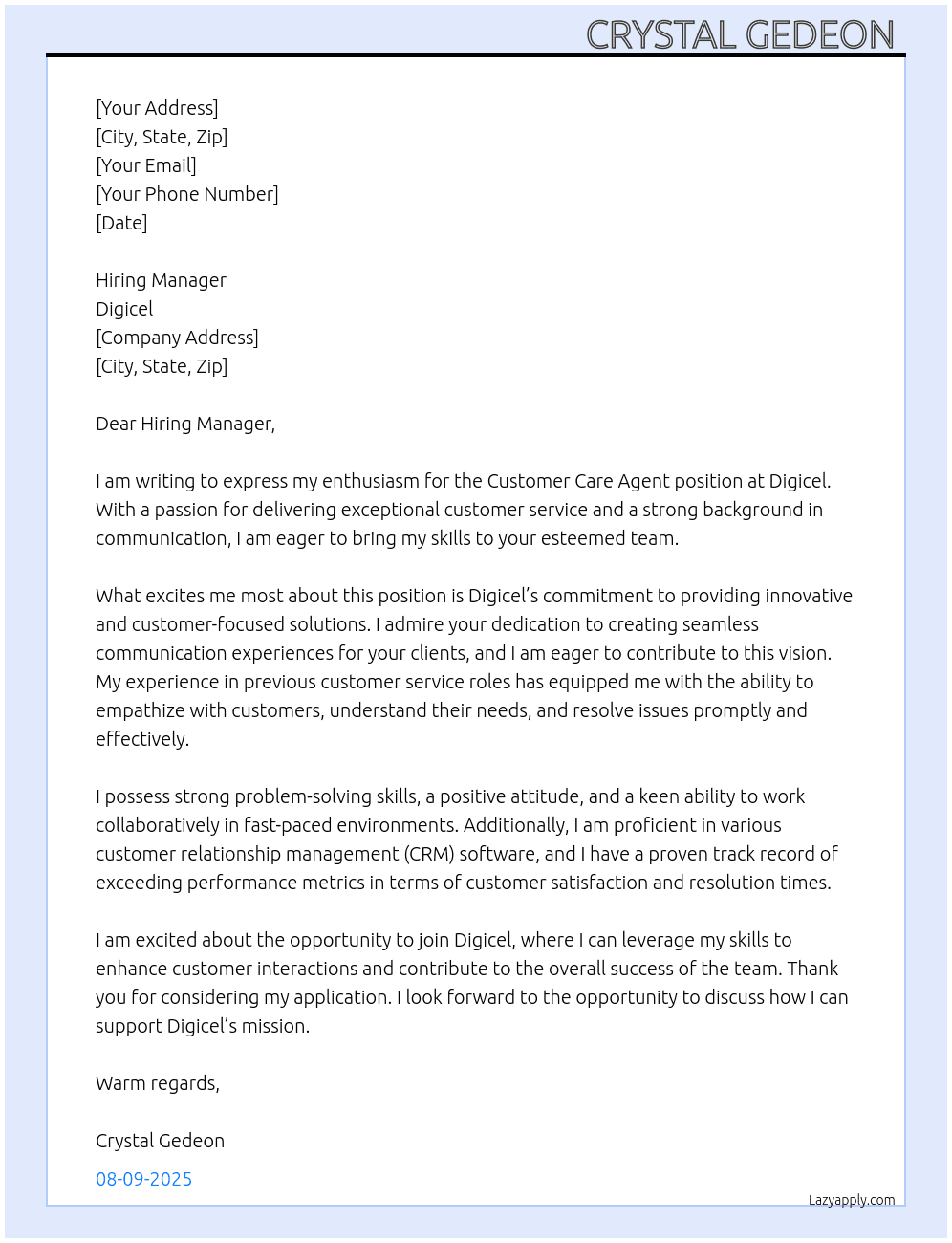 Cover letter for customer care agent - LazyApply