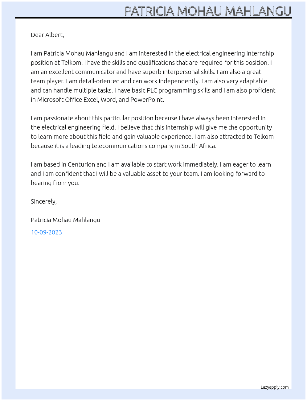 Electrical engineering internship At Telkom Cover Letter