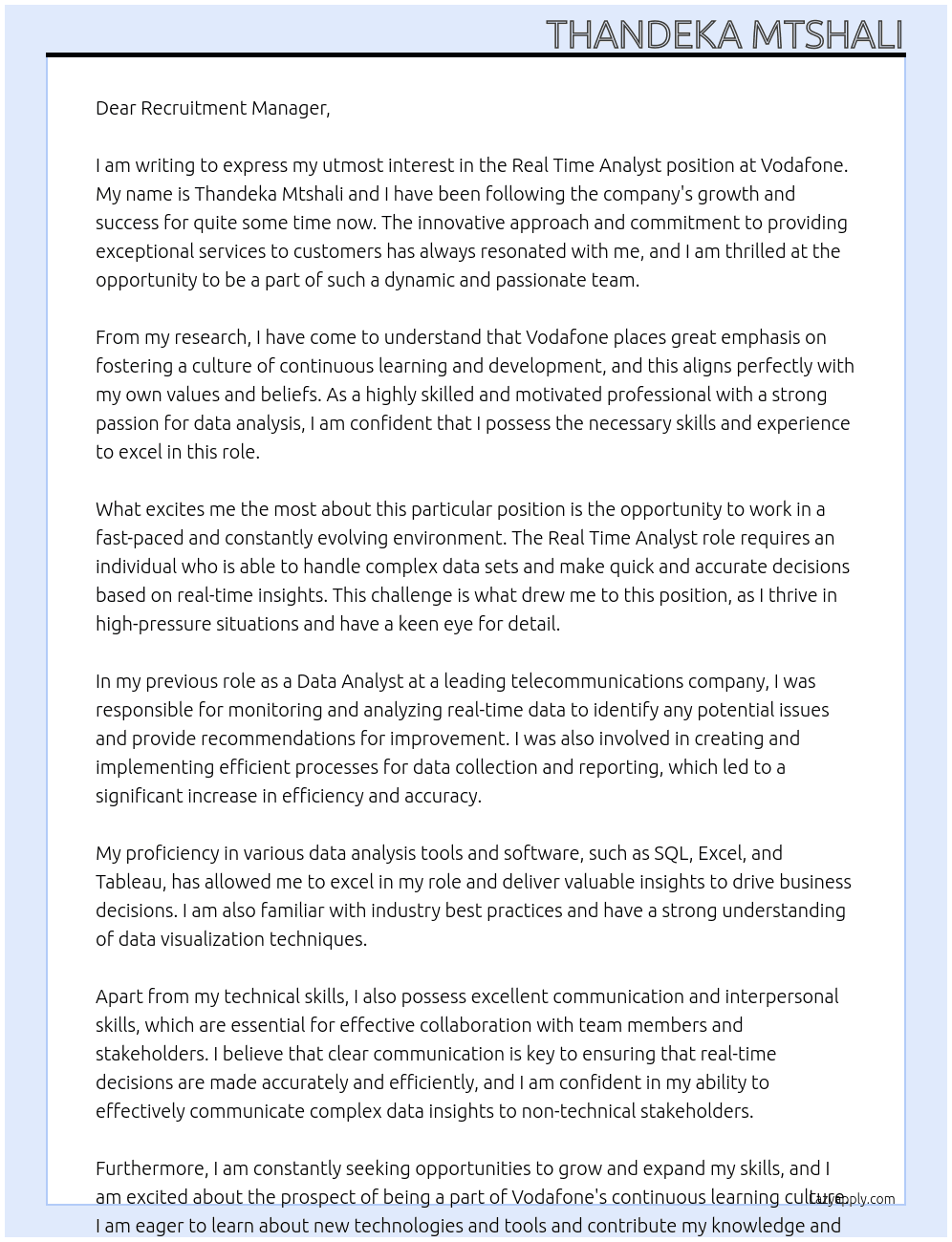 Real Time Analyst At Vodafone Cover Letter