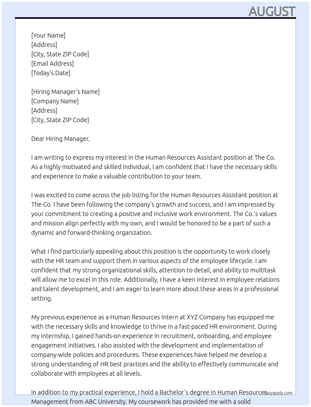 Human Resources Assistant At The Co. Cover Letter
