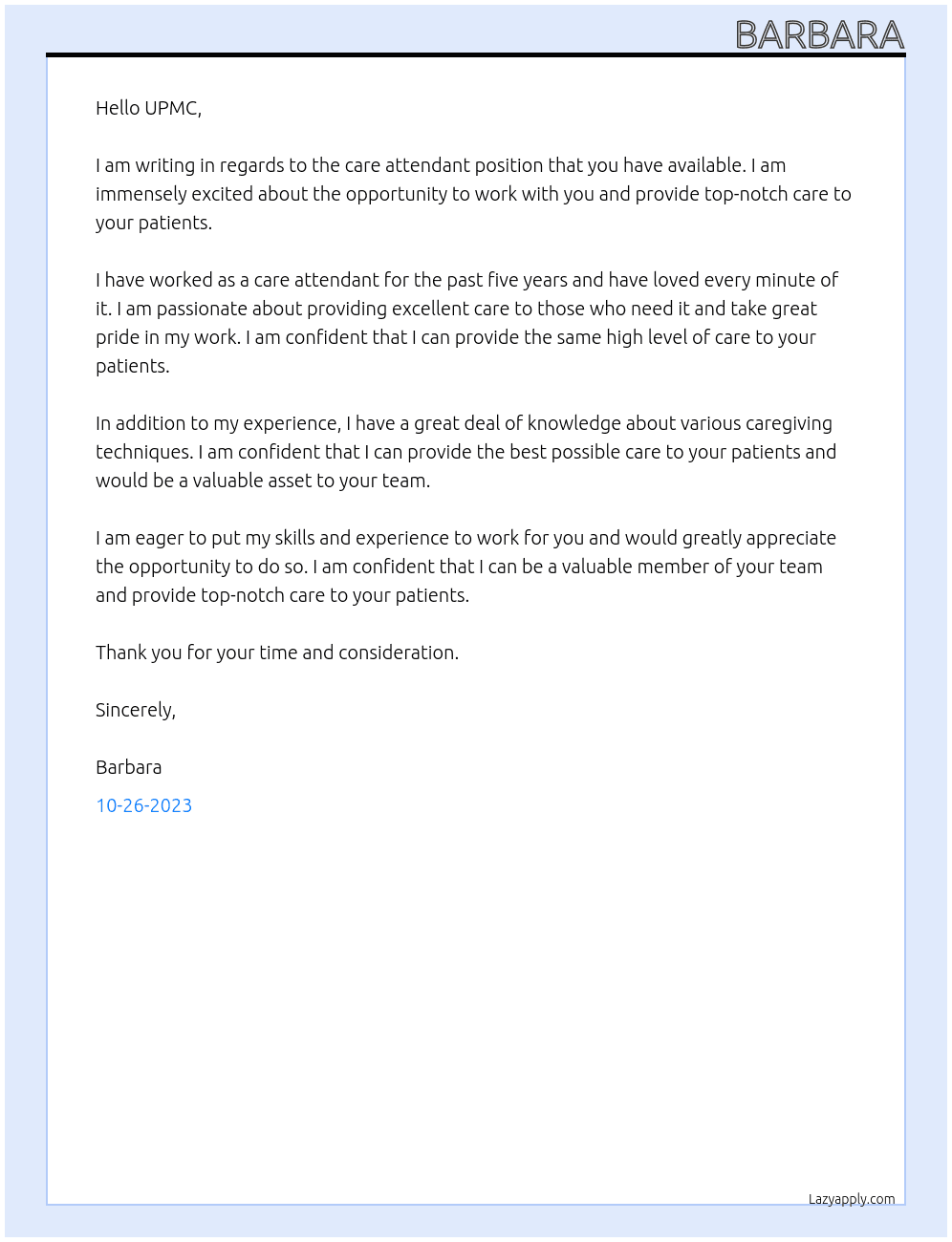 care attendant At UPMC Cover Letter