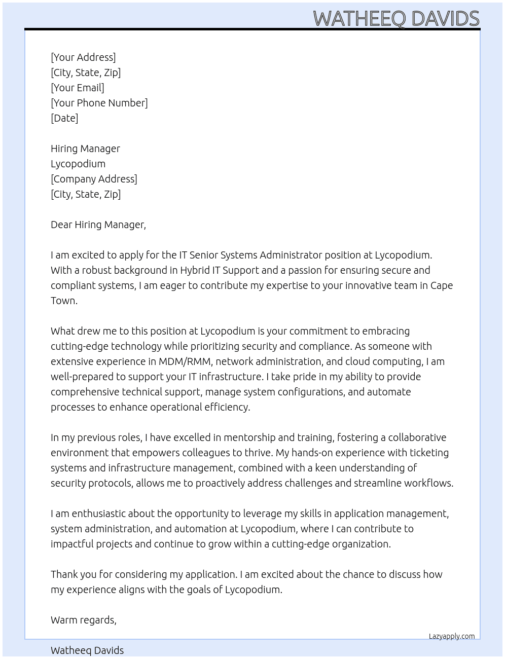 Cover letter for it senior systems administrator - LazyApply
