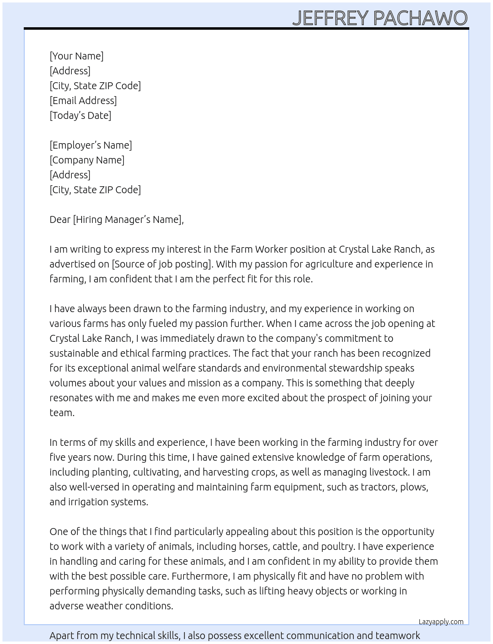 farm worker At Crystal Lake Ranch Cover Letter
