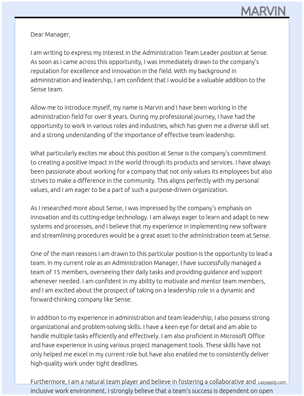 Administration team leader At Sense Cover Letter
