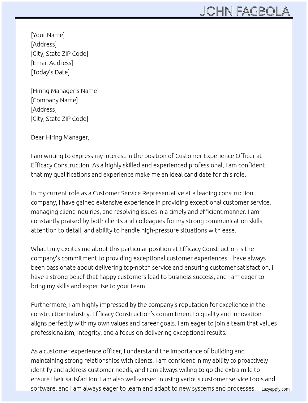 Customer experience officer  At Efficacy construction  Cover Letter