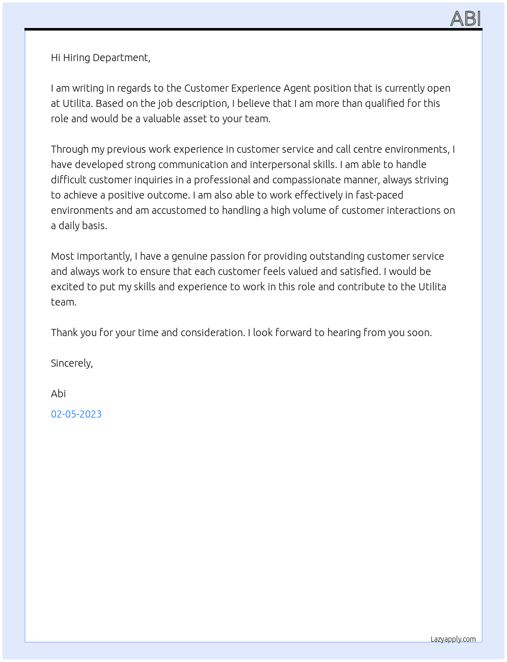 Customer Experience Agent At Utilita Cover Letter