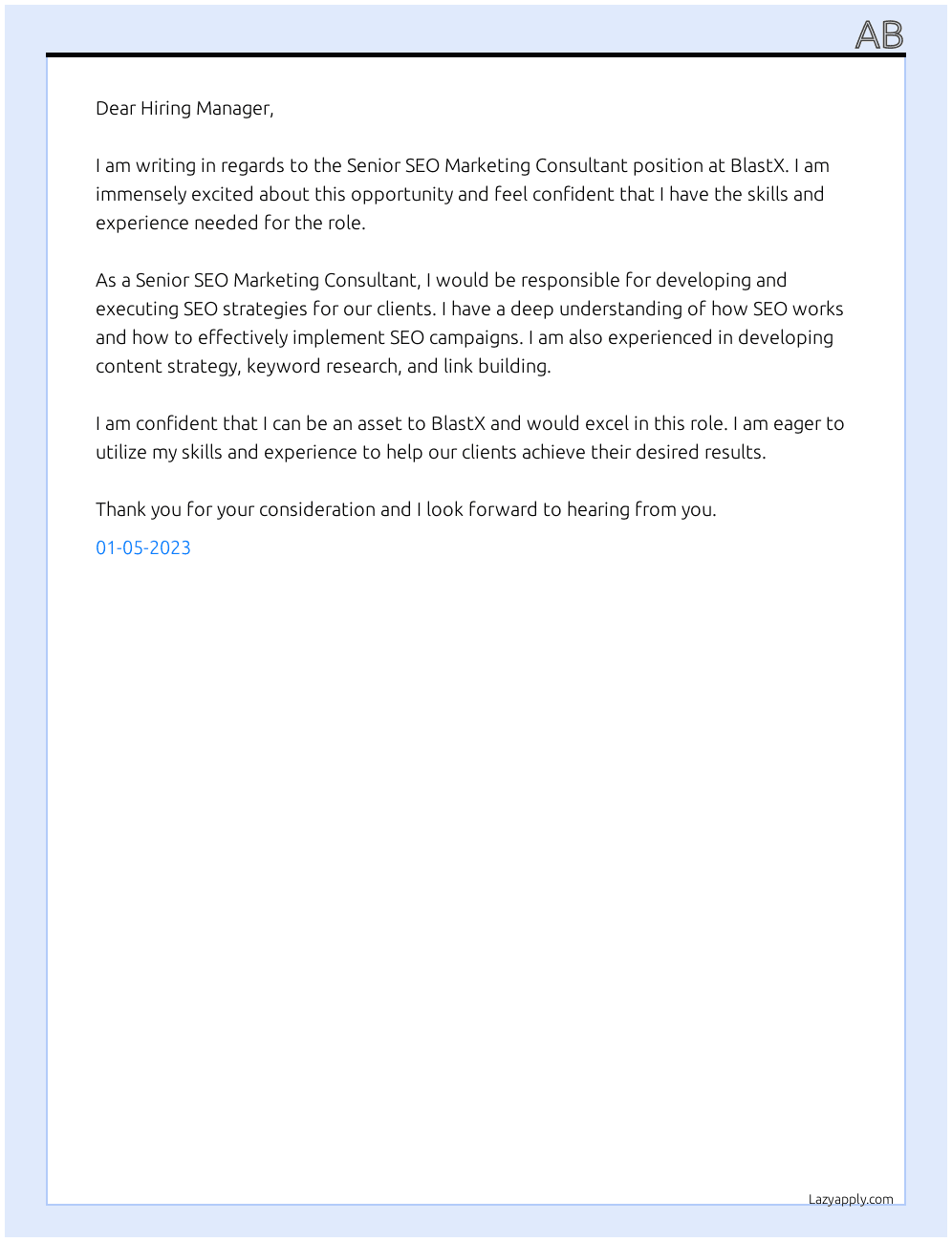 Senior SEO Marketing Consultan At BlastX Cover Letter