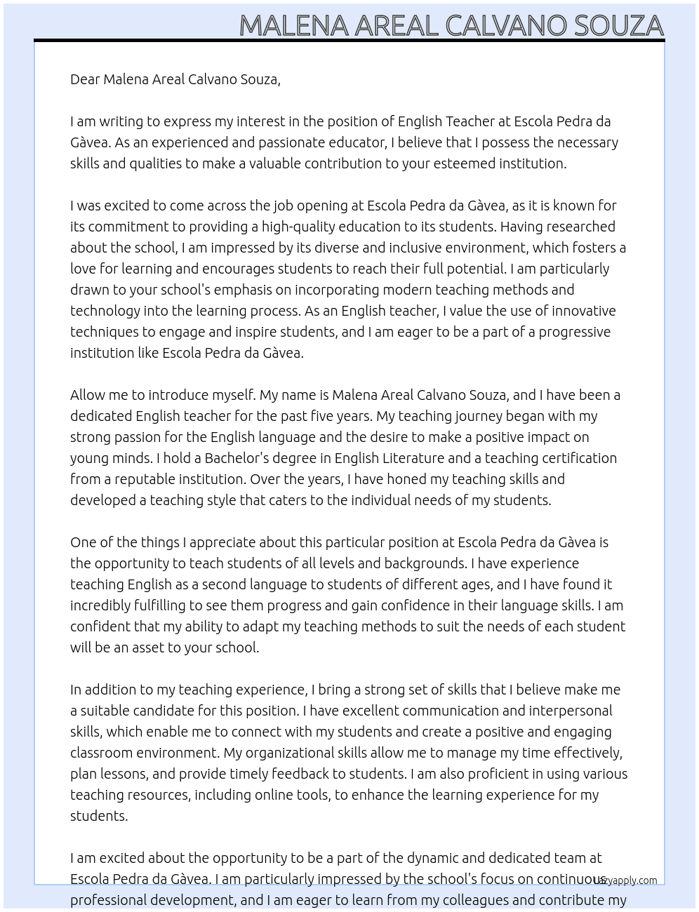 English teacher At Escola Pedra da Gàvea Cover Letter