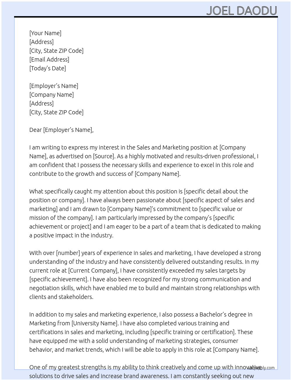 sales and marketing At career advancement Cover Letter