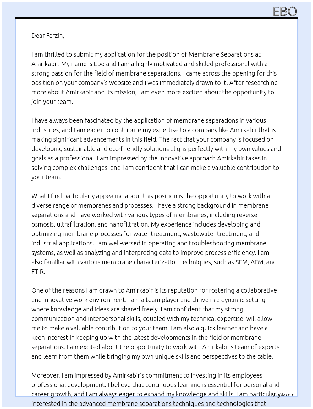 Cover letter for membrane separations - LazyApply