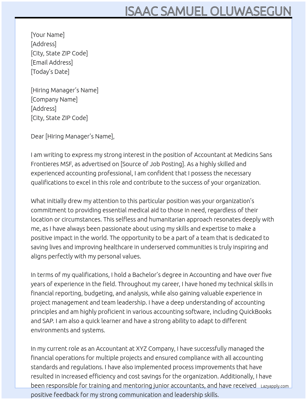 Accountant At Medicins Sans Frontieres MSF Cover Letter