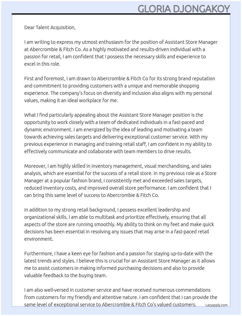Assistant Store Manager At Abercrombie & Fitch Co Cover Letter