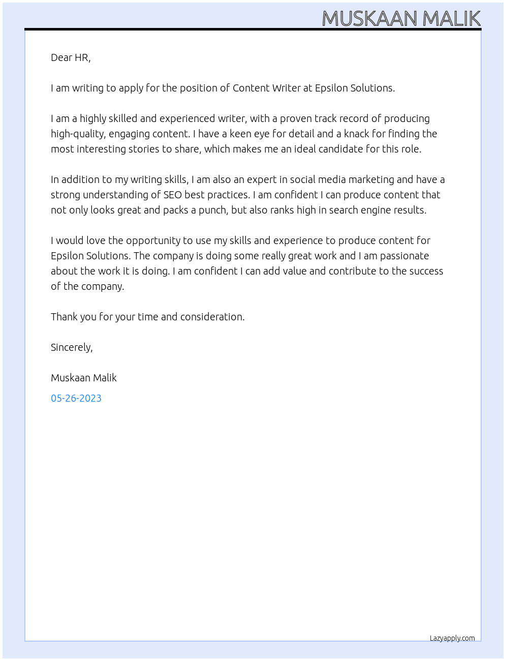 Content Writer At Epsilon solutions Cover Letter