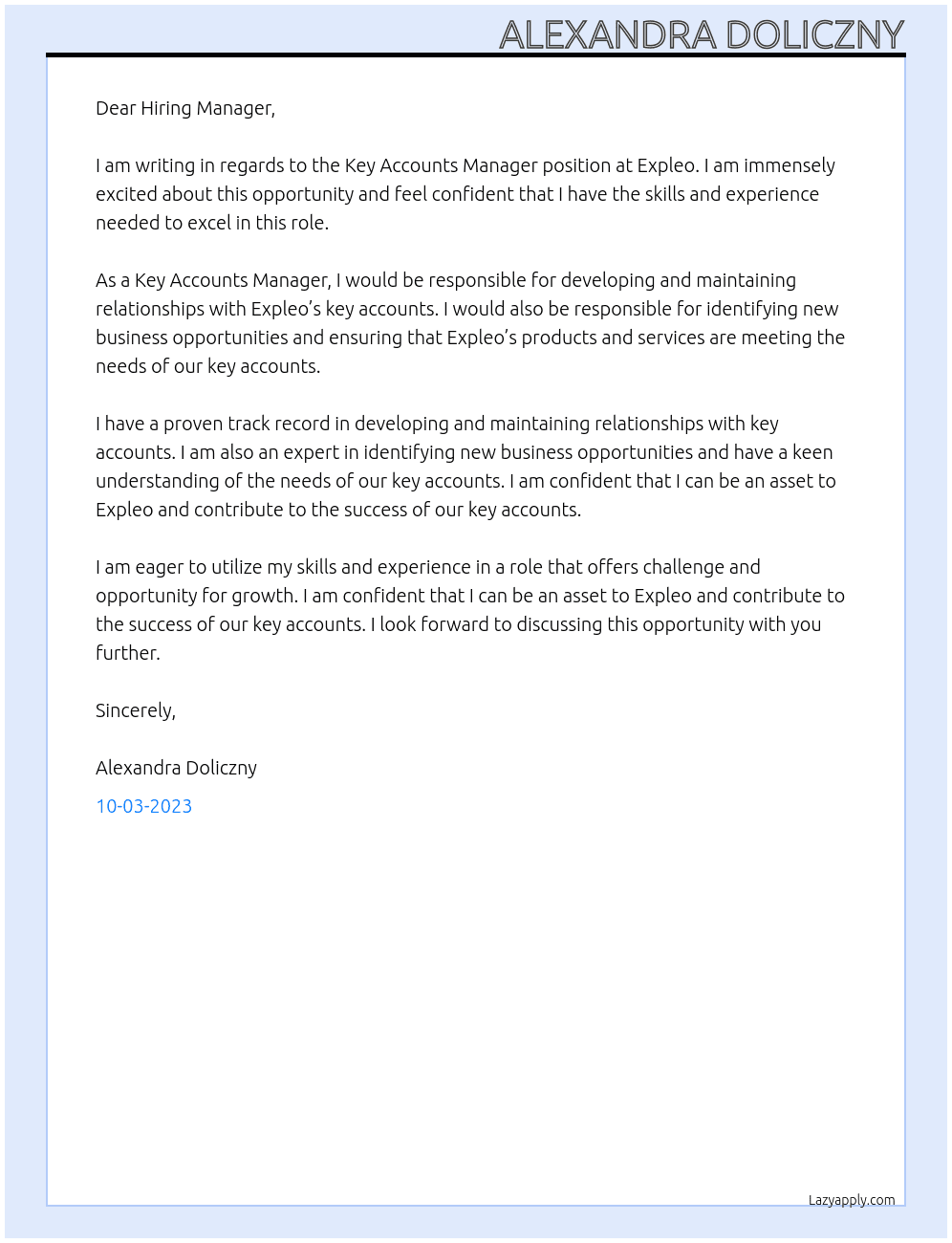 Key accounts manager At Expleo Cover Letter