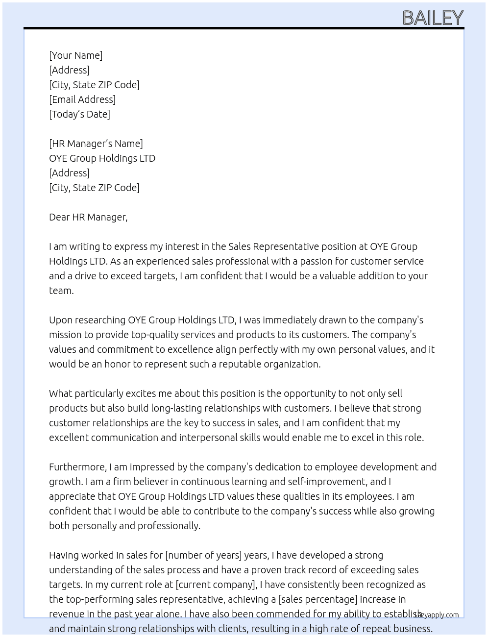 Sales Representative At OYE Group Holdings LTD  Cover Letter