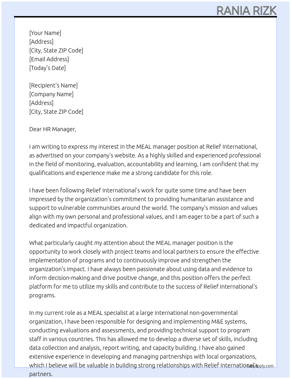 MEAL manager At Relief International Cover Letter