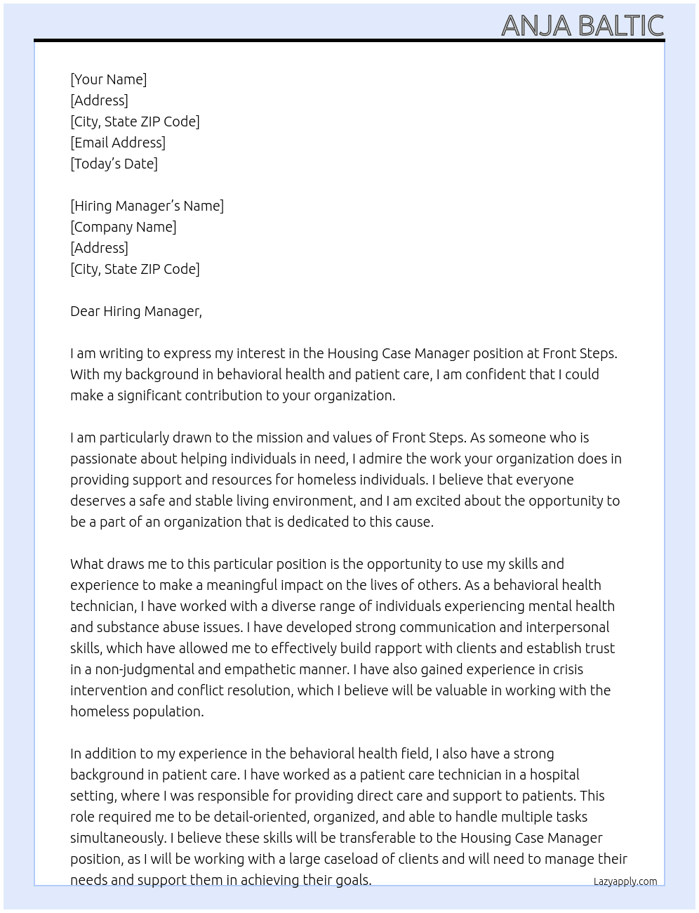 Cover letter for housing case manager - LazyApply
