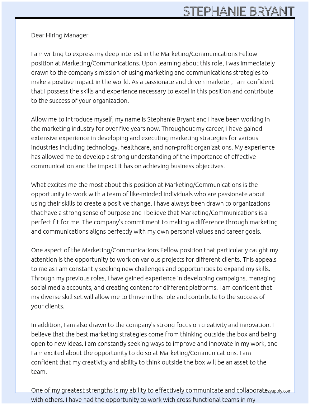 Marketing/Communications  At Marketing/Communications Fellow Cover Letter