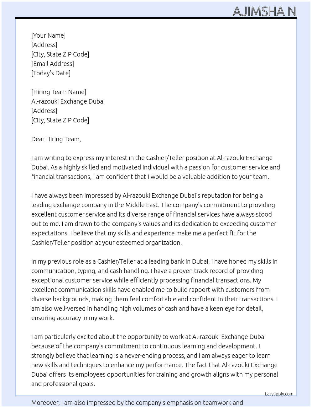 Cashier/Teller At Al-razouki exchange Dubai Cover Letter