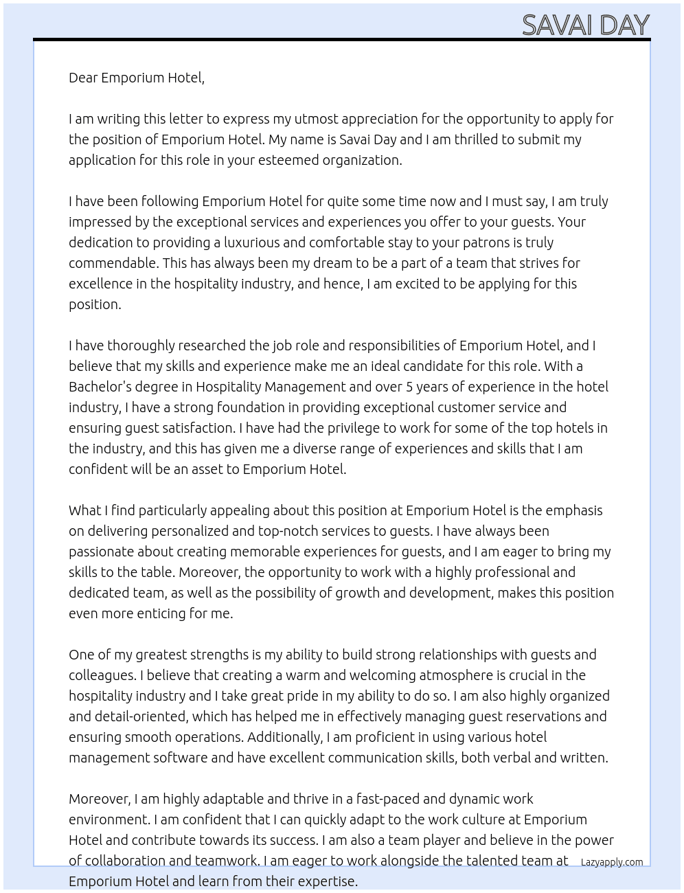emporium hotel At emporium hotel Cover Letter