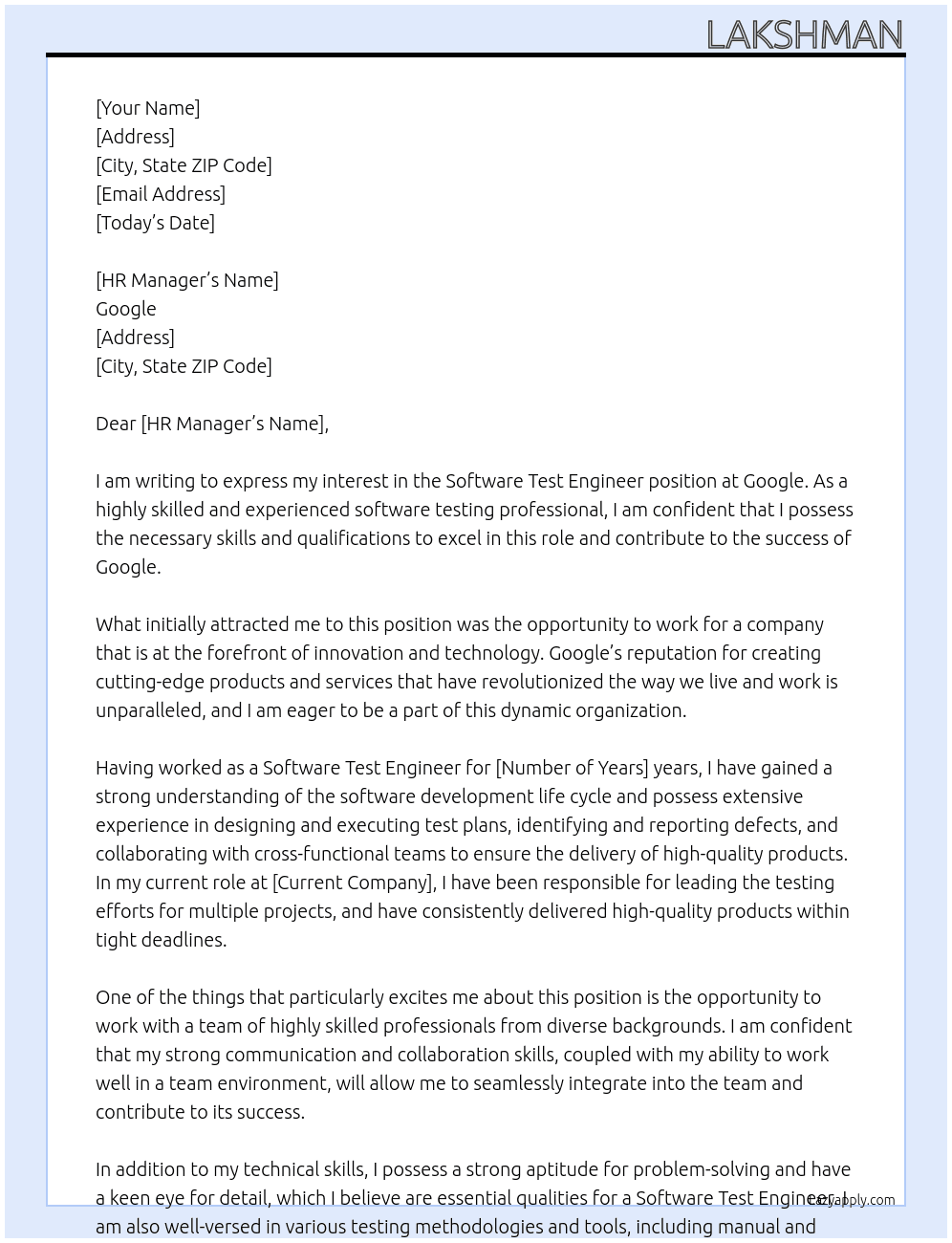 SOftware Test Engineer At Google  Cover Letter