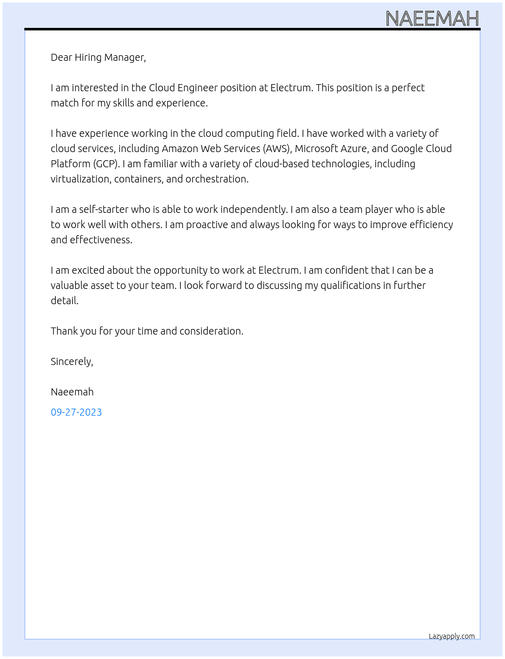 Cloud Engineer At Electrum Cover Letter
