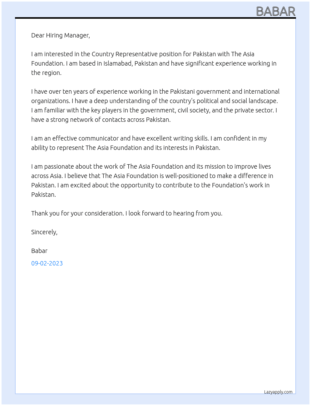 Country Representative, Pakistan At The Asia Foundation Cover Letter