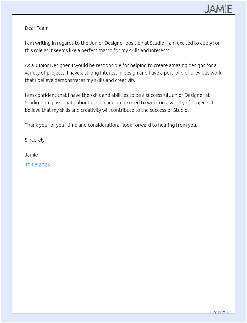 Junior designer  At Studio  Cover Letter