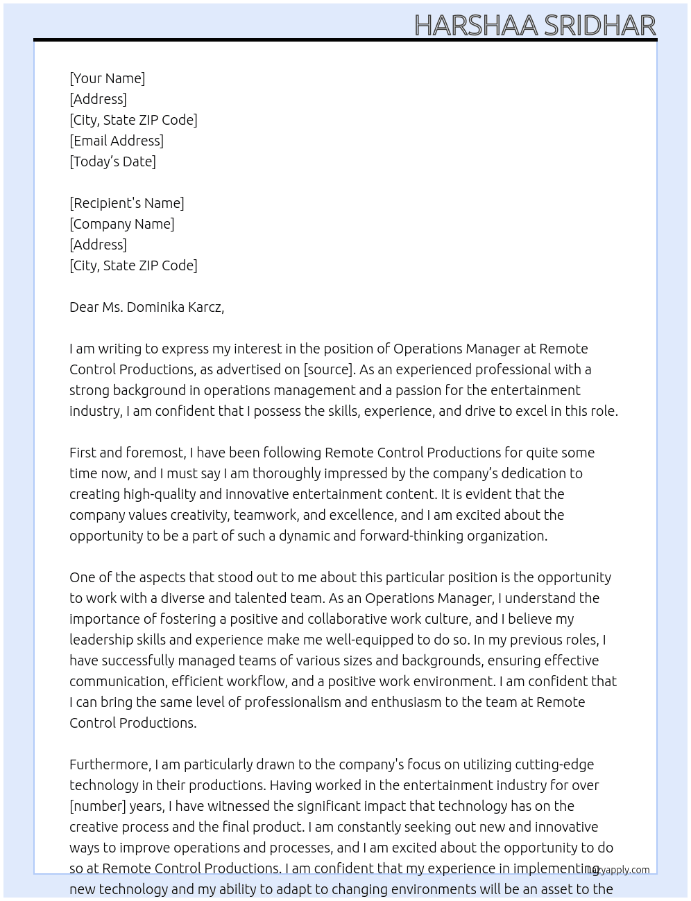 Operations Manager At Remote Control Productions Cover Letter
