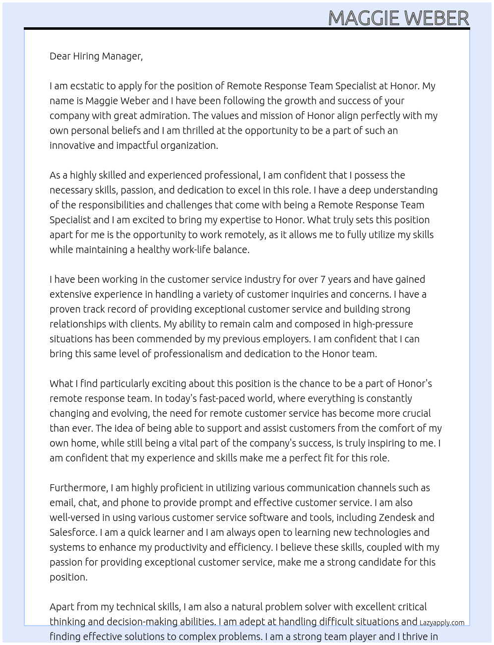 remote response team specialist At Honor Cover Letter