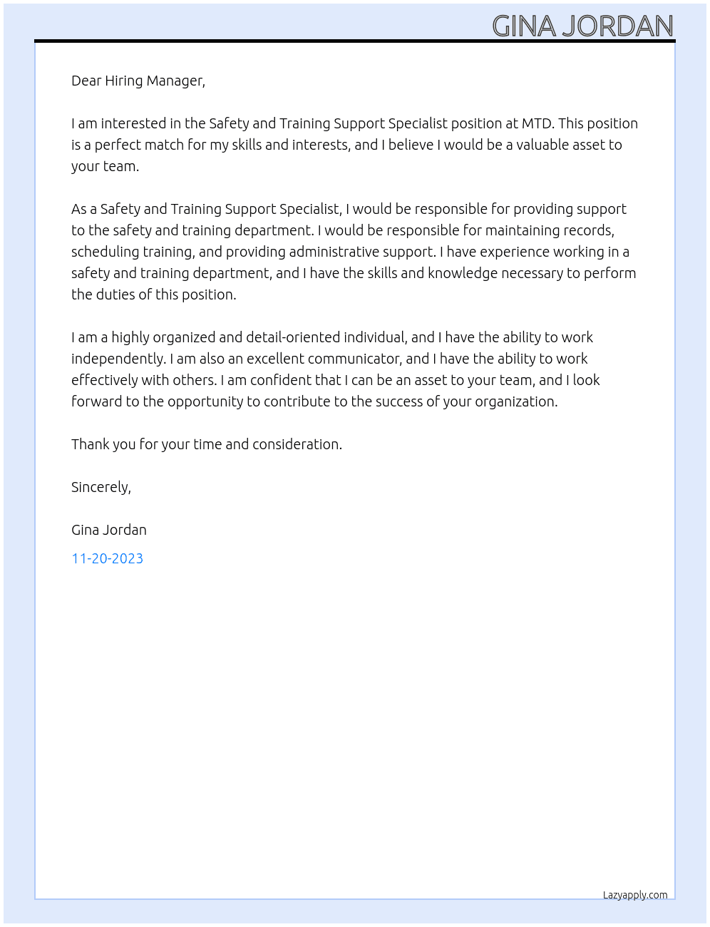 Safety and Training Support Specialist  At MTD Cover Letter