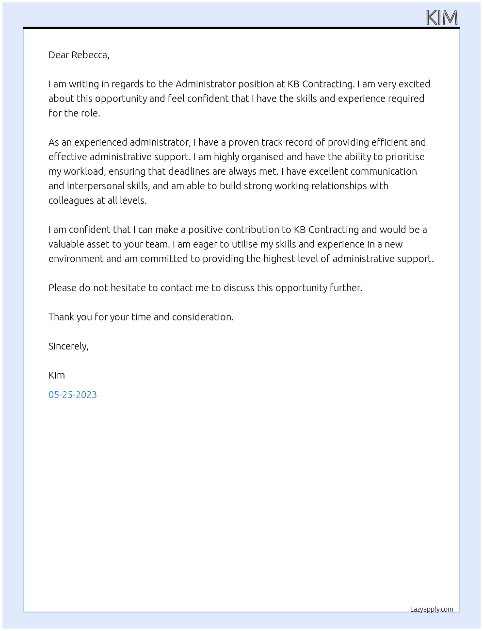 Administrator At KB Contracting Cover Letter