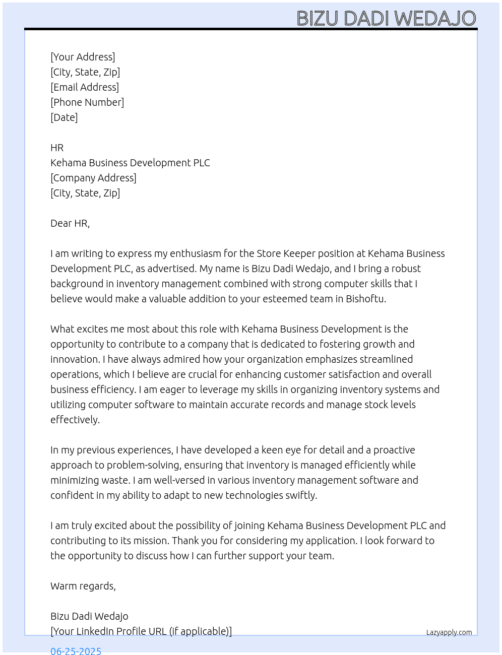 Store keeper  At Kehama Business Development PLC Cover Letter