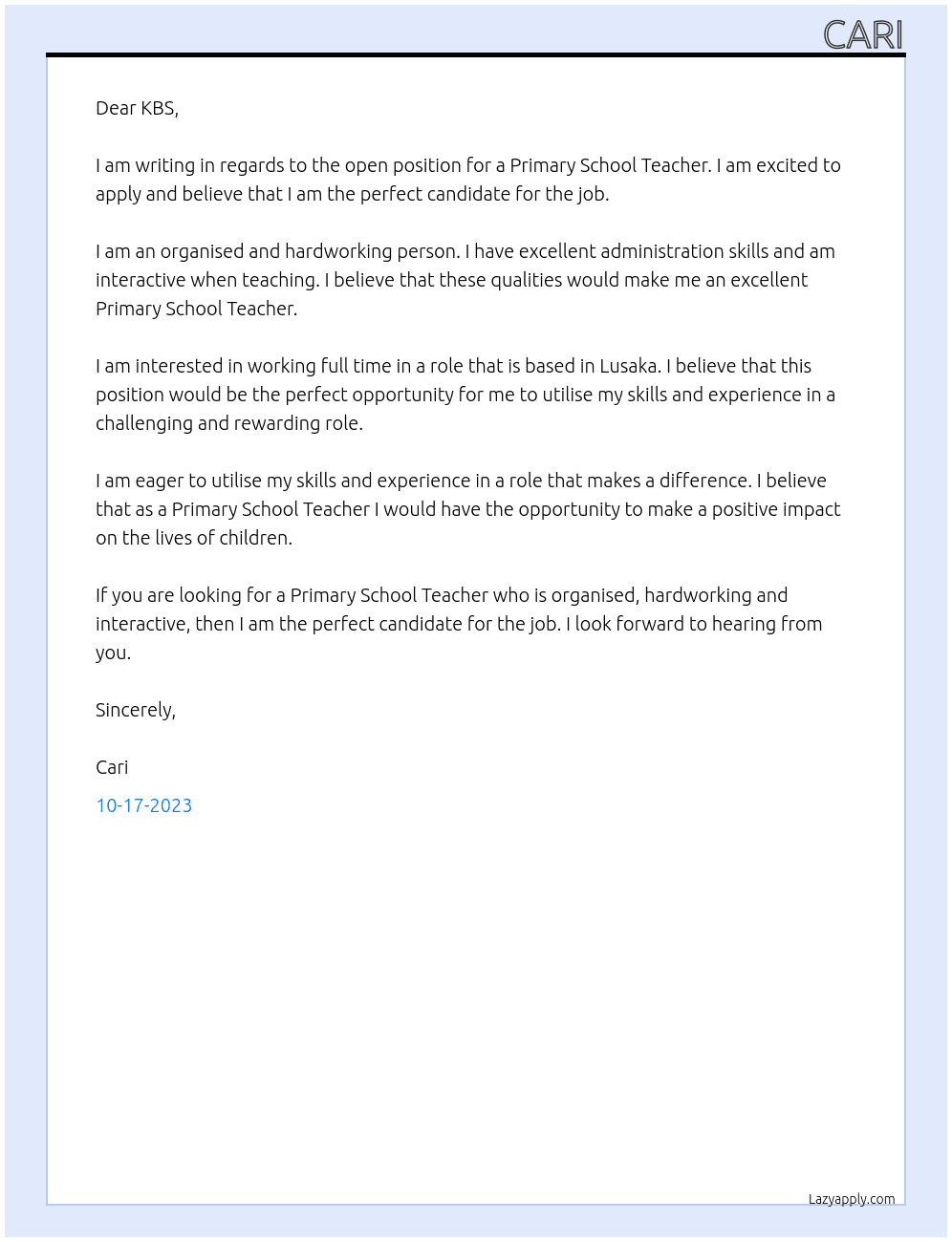 Primary School Teacher At KBS Cover Letter