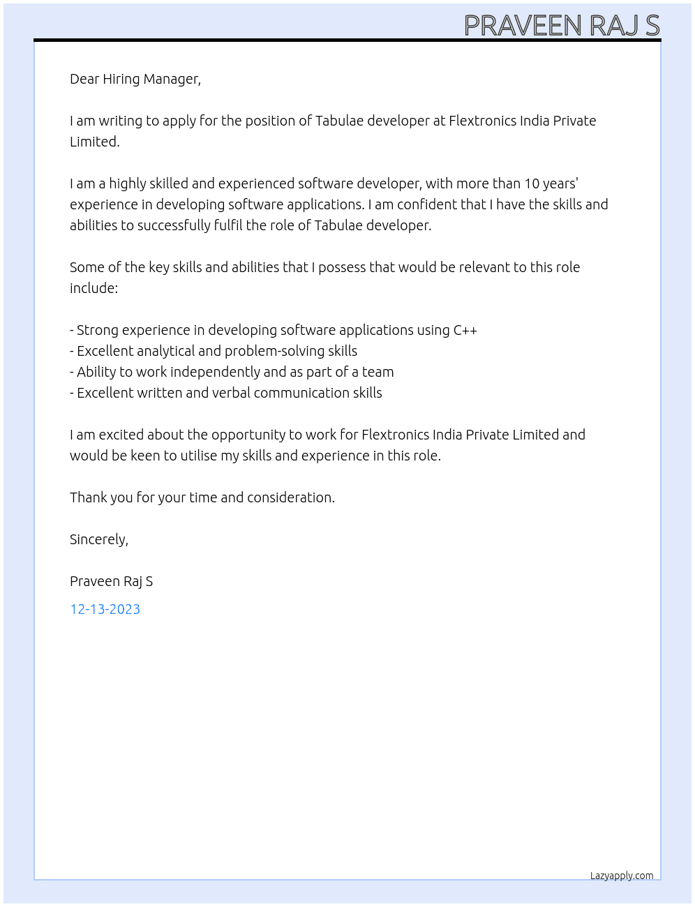 Tabulae developer  At flextronics india private limited  Cover Letter