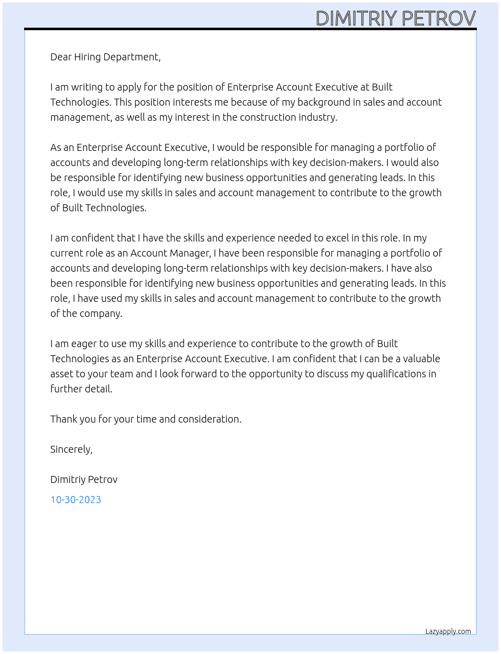 Enterprise Account Executive At Built Technologies Cover Letter