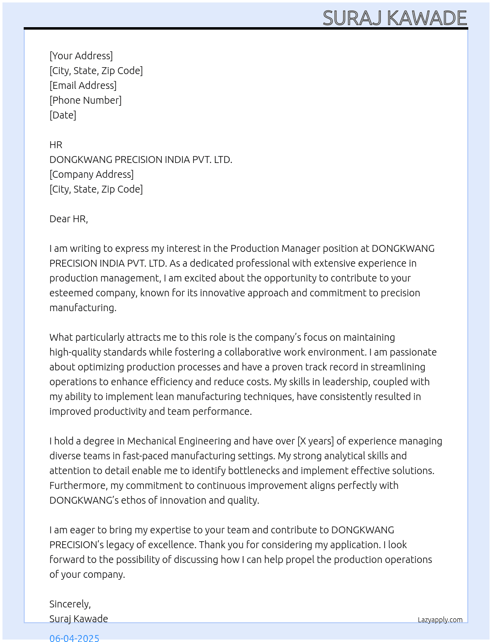 production maneger At DONGKWANG PRECISION INDIA PVT. LTD. Cover Letter