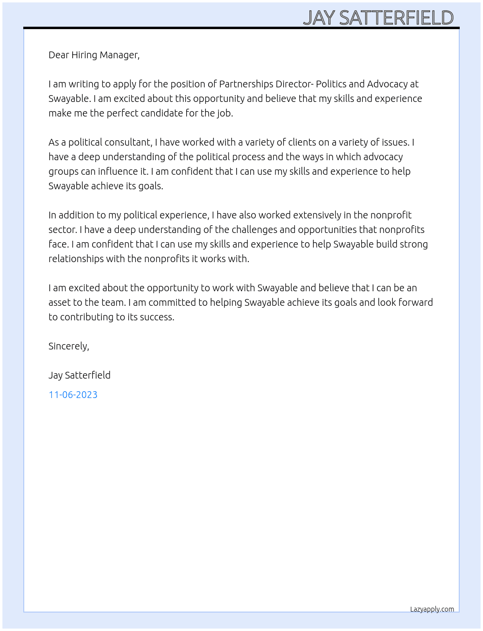 Partnerships Director- Politics and Advocacy  At Swayable  Cover Letter