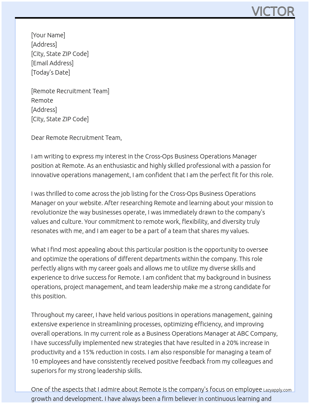 Cover letter for cross-ops business operations manager - LazyApply