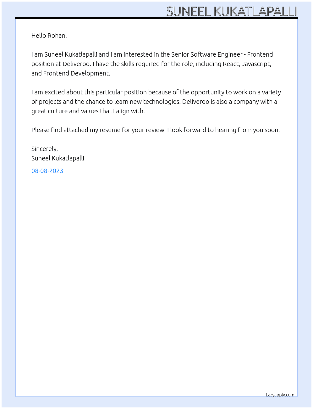 Senior Software Engineer - Frontend At Deliveroo Cover Letter