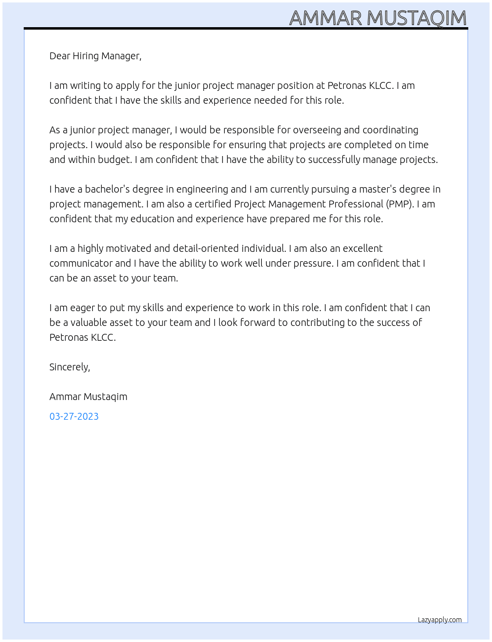 junior project manager At Petronas KLCC Cover Letter