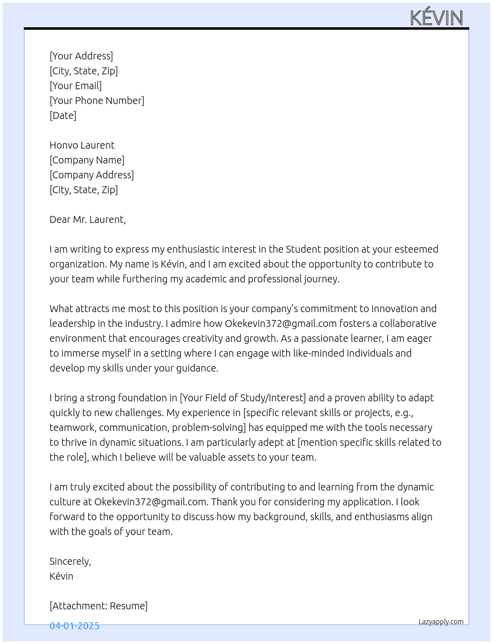 Student  At okekevin372@gmail.com Cover Letter