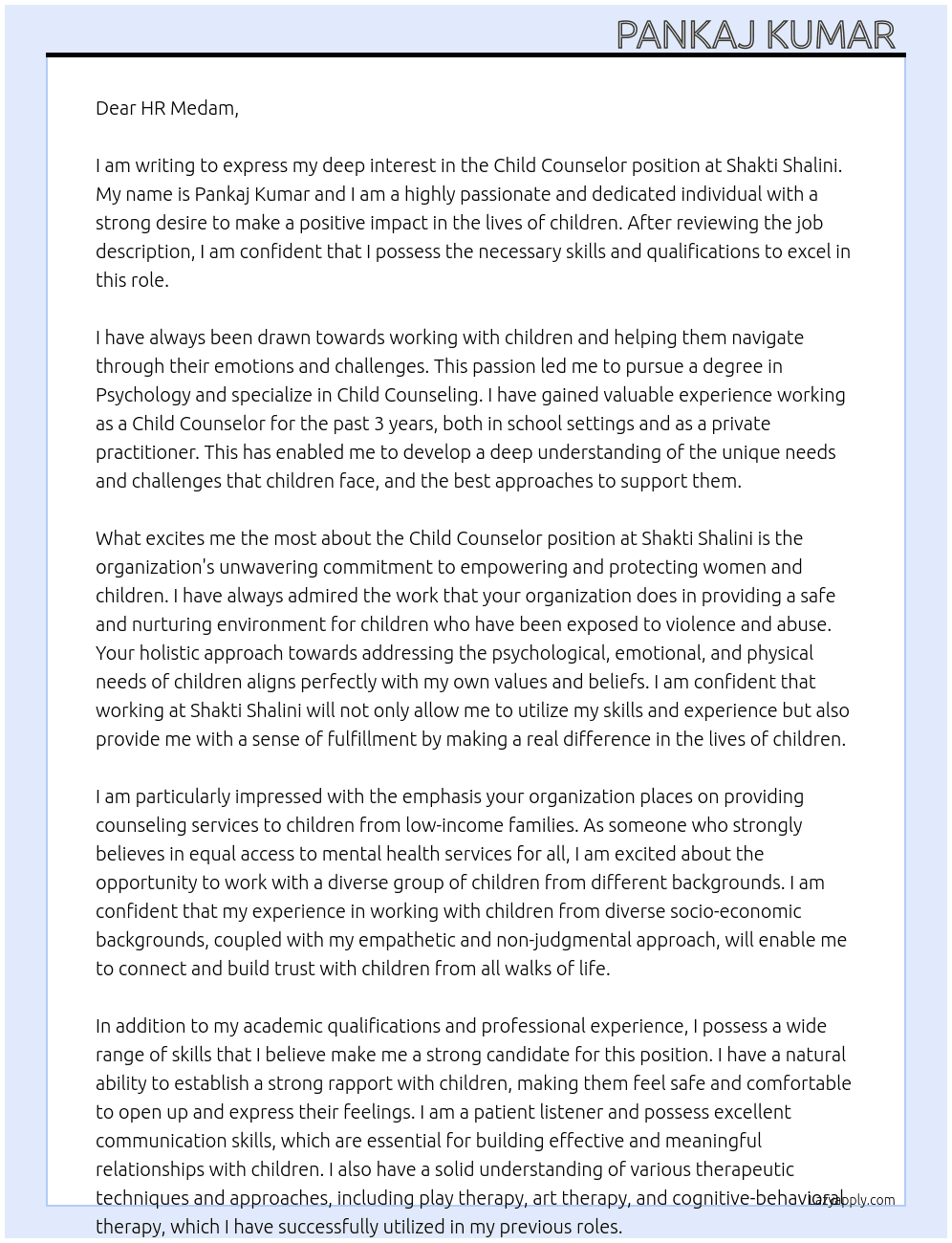 Child Counselor  At Shakti Shalini Cover Letter