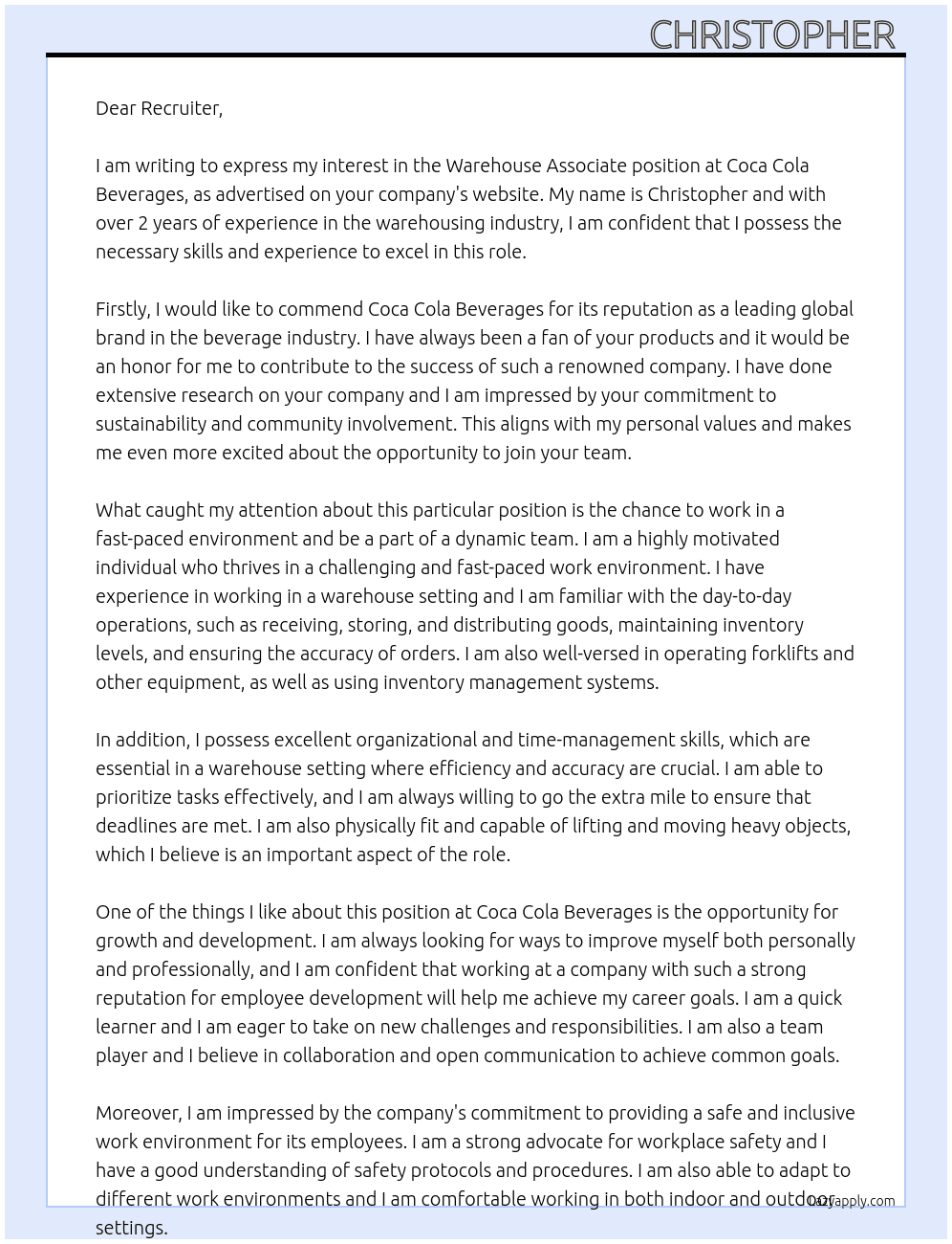 warehouse associate At coca cola beverages Cover Letter
