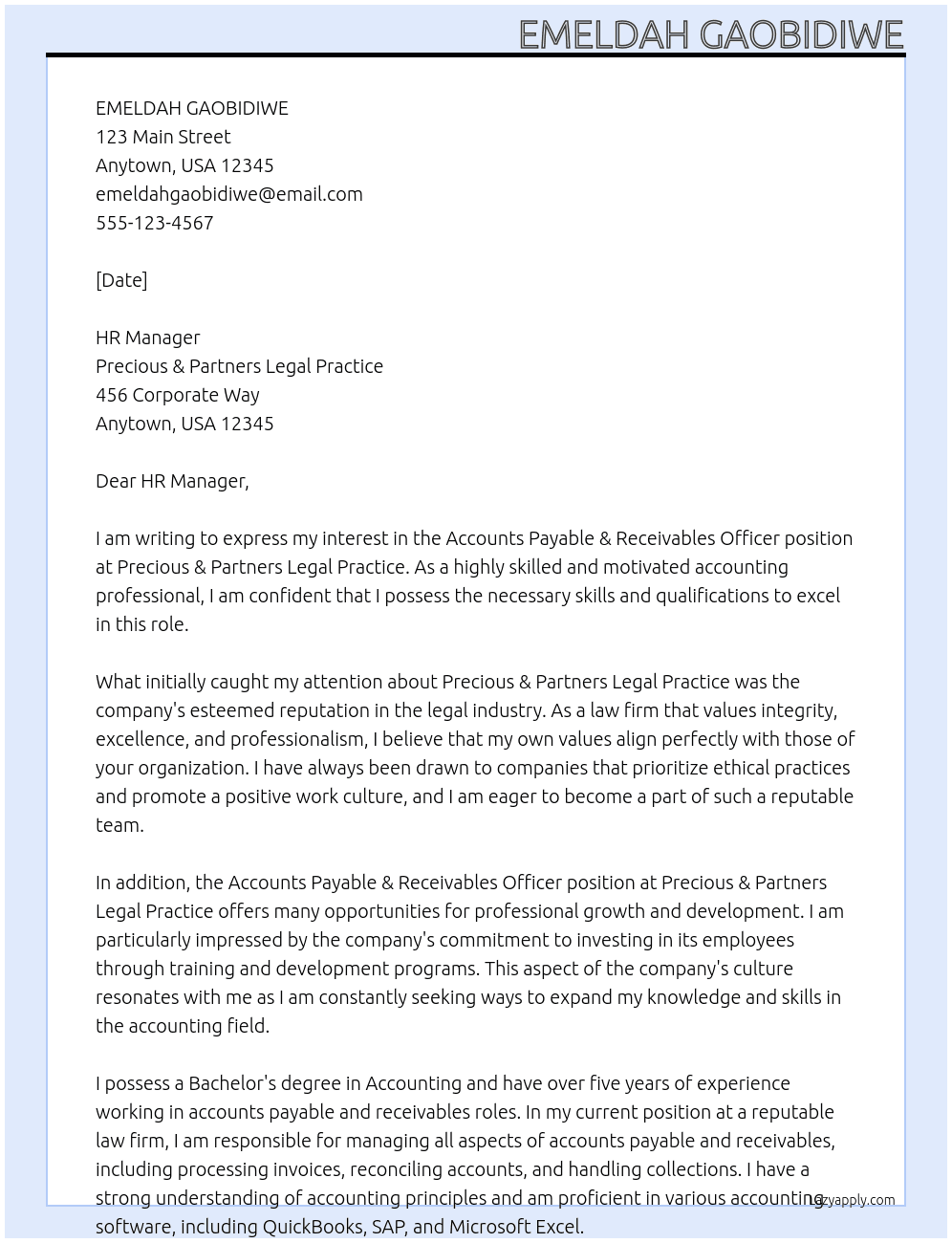 ACCOUNTS PAYABLE & RECEIVABLES OFFICER At PRECIOUS & PARTNERS LEGAL PRACTIC Cover Letter