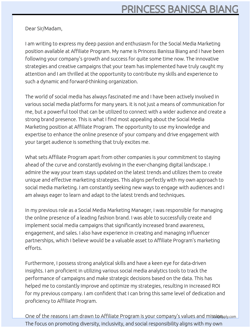Social Media Marketing  At Affiliate Program Cover Letter