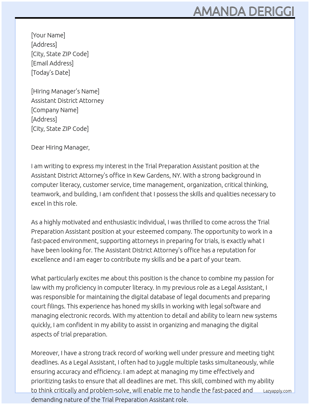 Trial Preparation Assistant At Assistant District Attorney Cover Letter