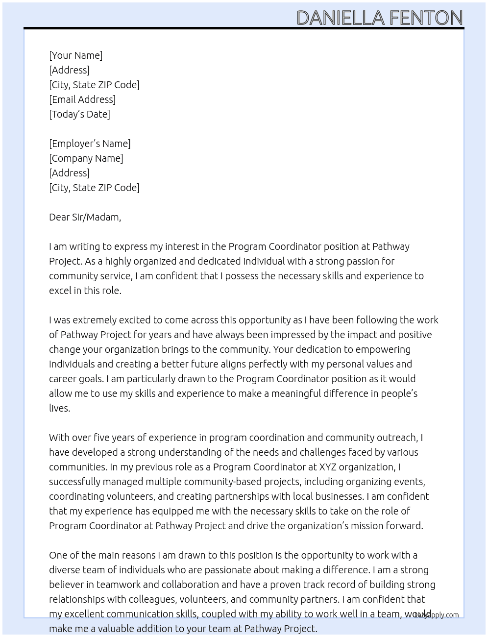 Program cordinator At Pathway Project Cover Letter